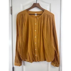 Gap Long Sleeve Button Front Crinkle Shirt Mustard Yellow Women's M Medium